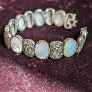 Vintage Sterling Abalone and Marcasite Link Bracelet, Mexican, Smooth, Heavy